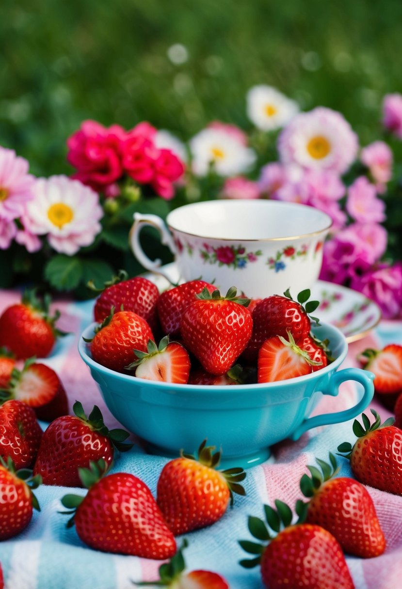 A picnic blanket with a spread of strawberries, surrounded by blooming flowers and a vintage teacup