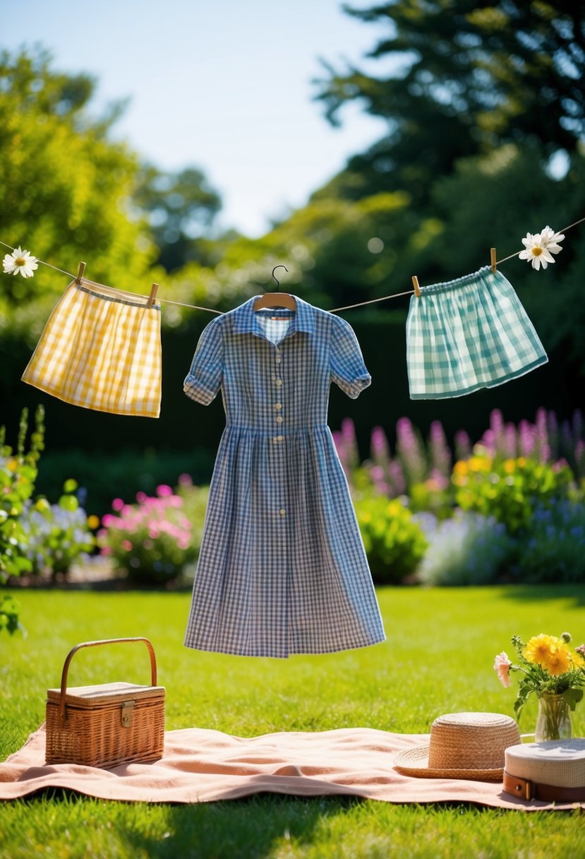 A sunny garden with a picnic blanket, blooming flowers, and a vintage gingham button-front dress hanging from a clothesline