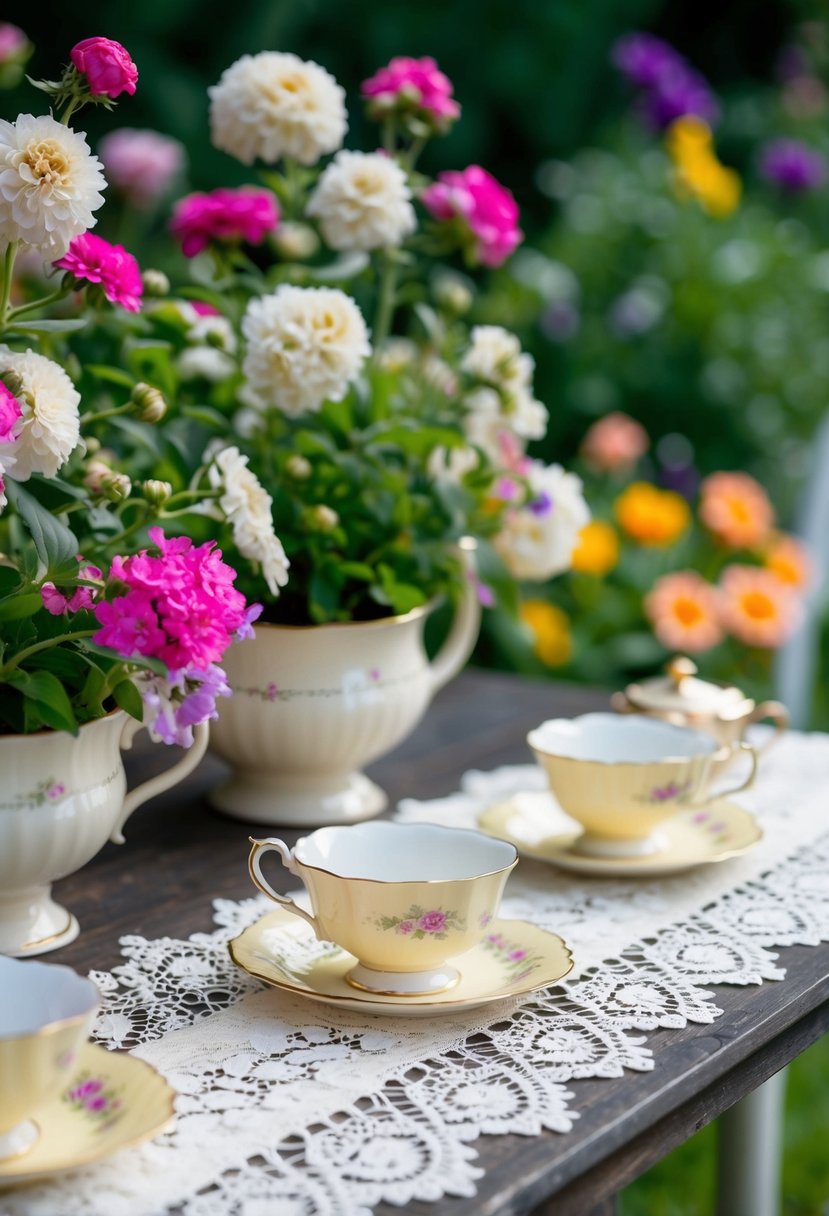 A garden table adorned with vintage lace runners, surrounded by blooming flowers and delicate tea cups