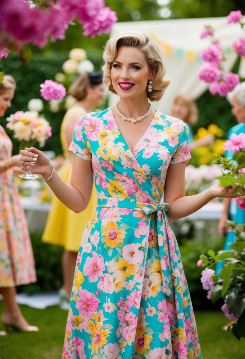 A 50s-style garden party scene with a floral print wrap dress, surrounded by blooming flowers and vintage decor