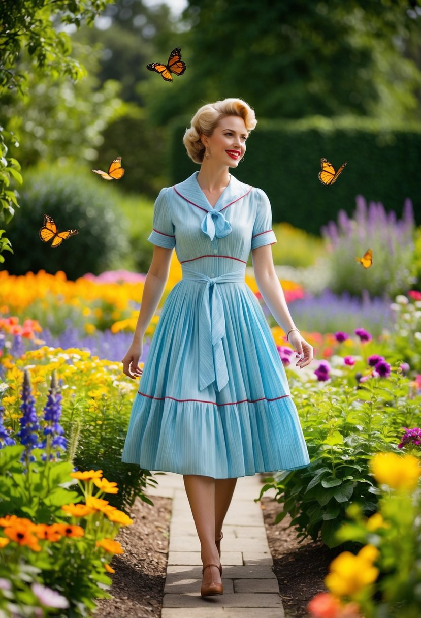 A woman in a 50s-style tie-back prairie dress strolls through a blooming garden, surrounded by colorful flowers and fluttering butterflies