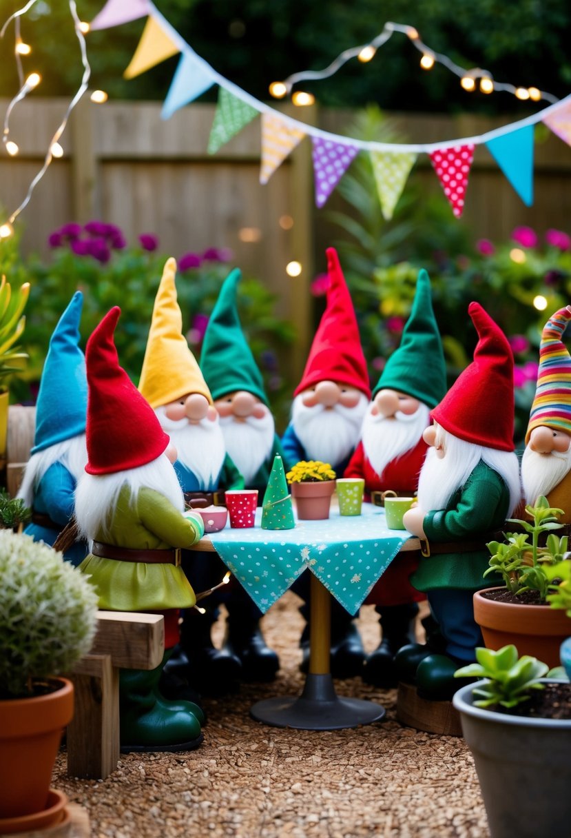 A group of garden gnomes gather around a table adorned with colorful bunting and fairy lights, surrounded by potted plants and whimsical decorations