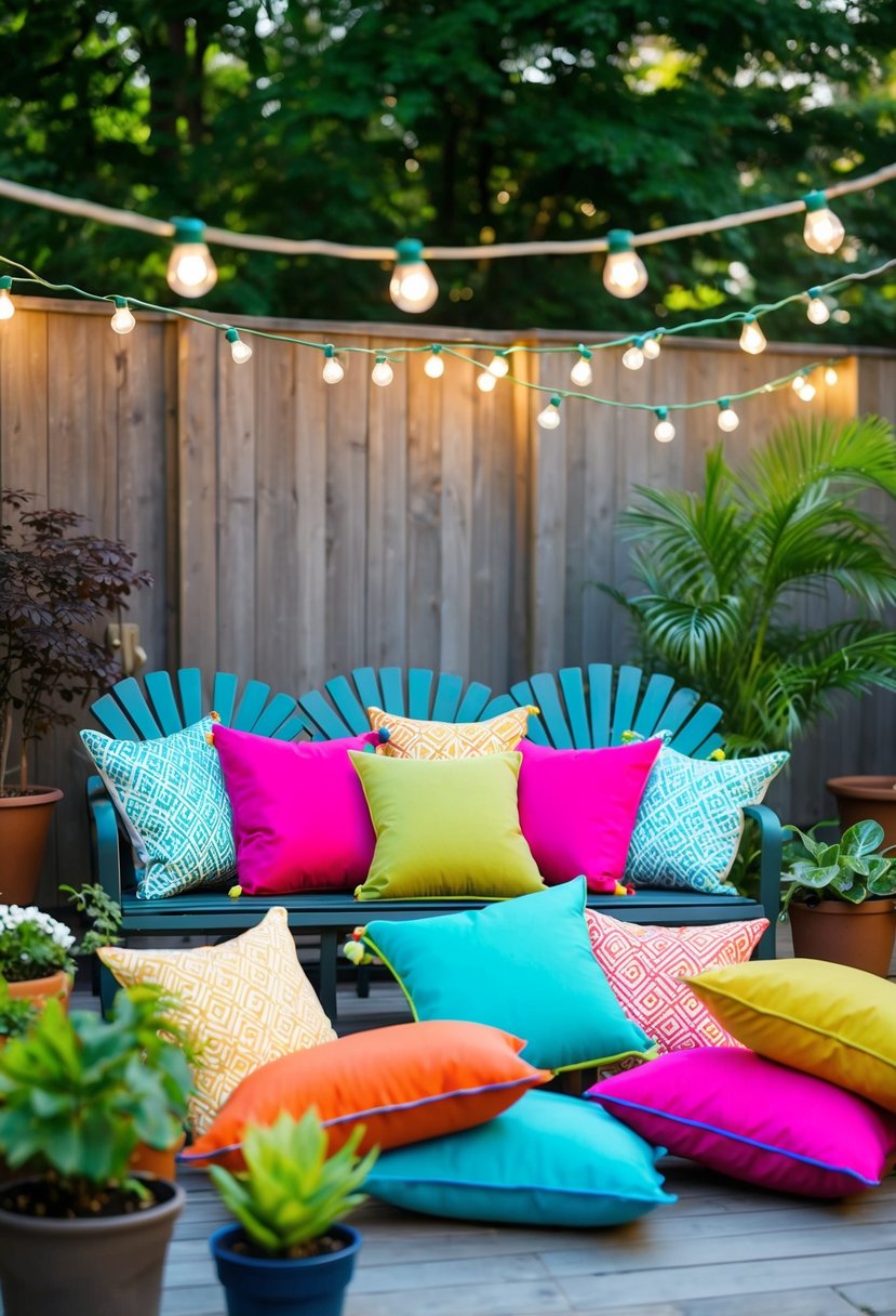 Colorful outdoor throw pillows arranged on garden furniture, surrounded by potted plants and hanging string lights