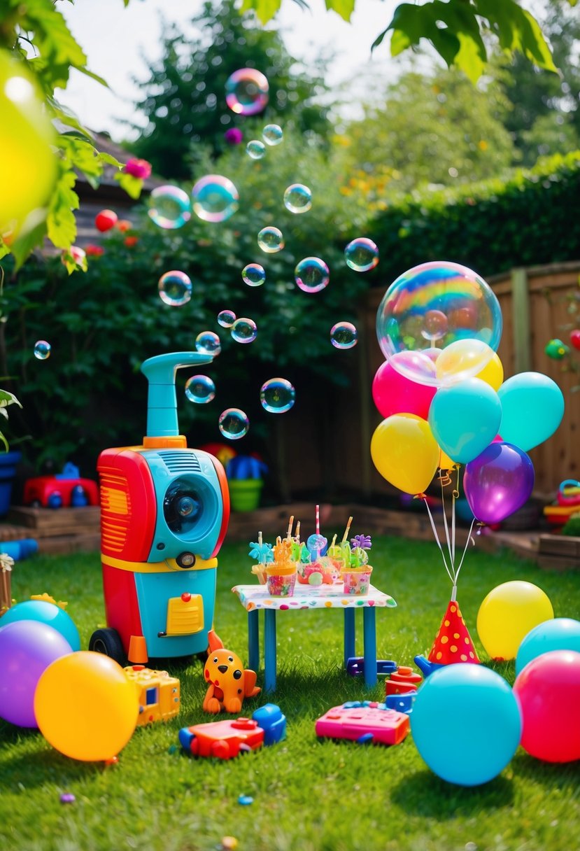 A colorful garden with a bubble machine surrounded by toys and balloons, with a small table set for a birthday party