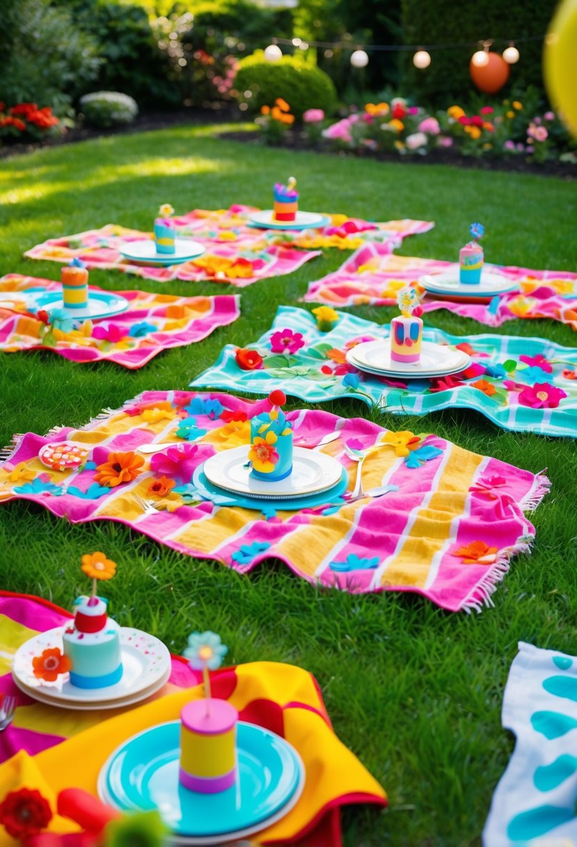 Bright picnic blankets spread across a lush garden, adorned with vibrant flowers and playful patterns, setting the stage for a cheerful 1st birthday celebration