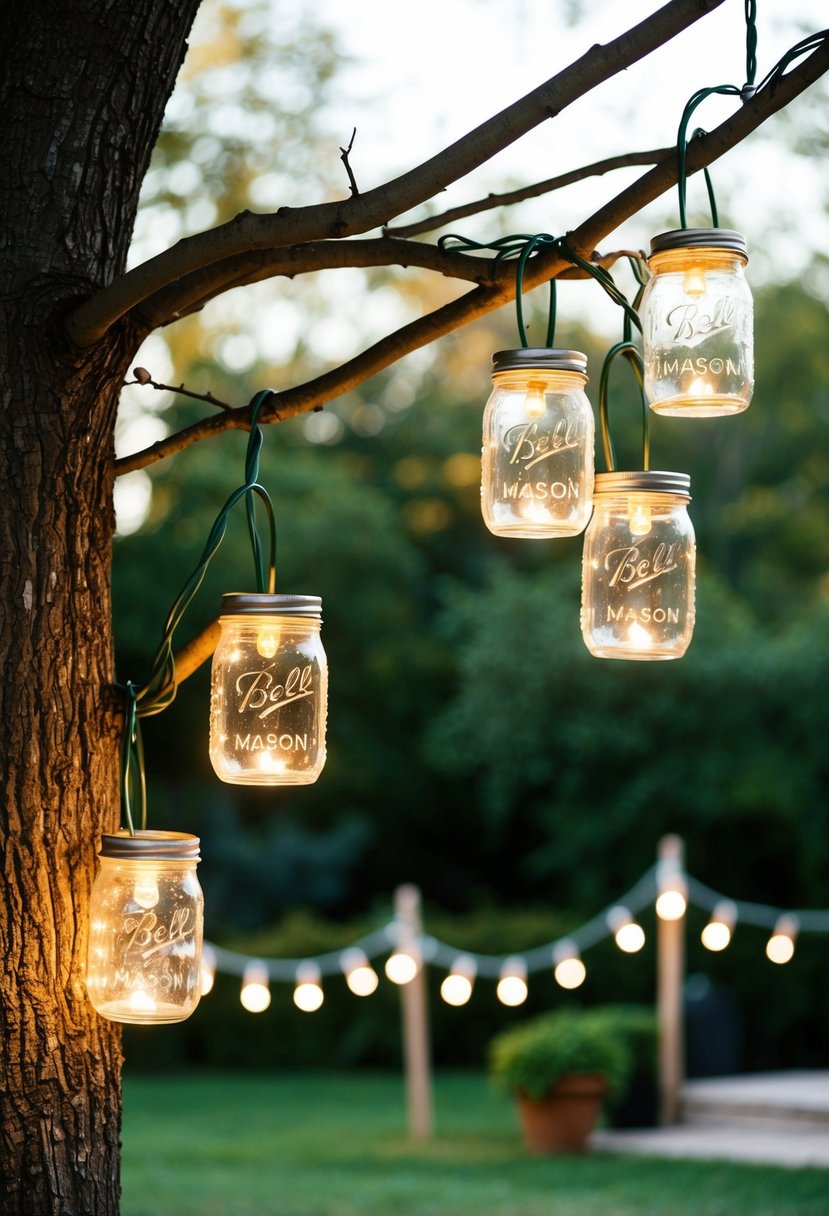 Mason jar lights hanging from tree branches at a garden party entrance