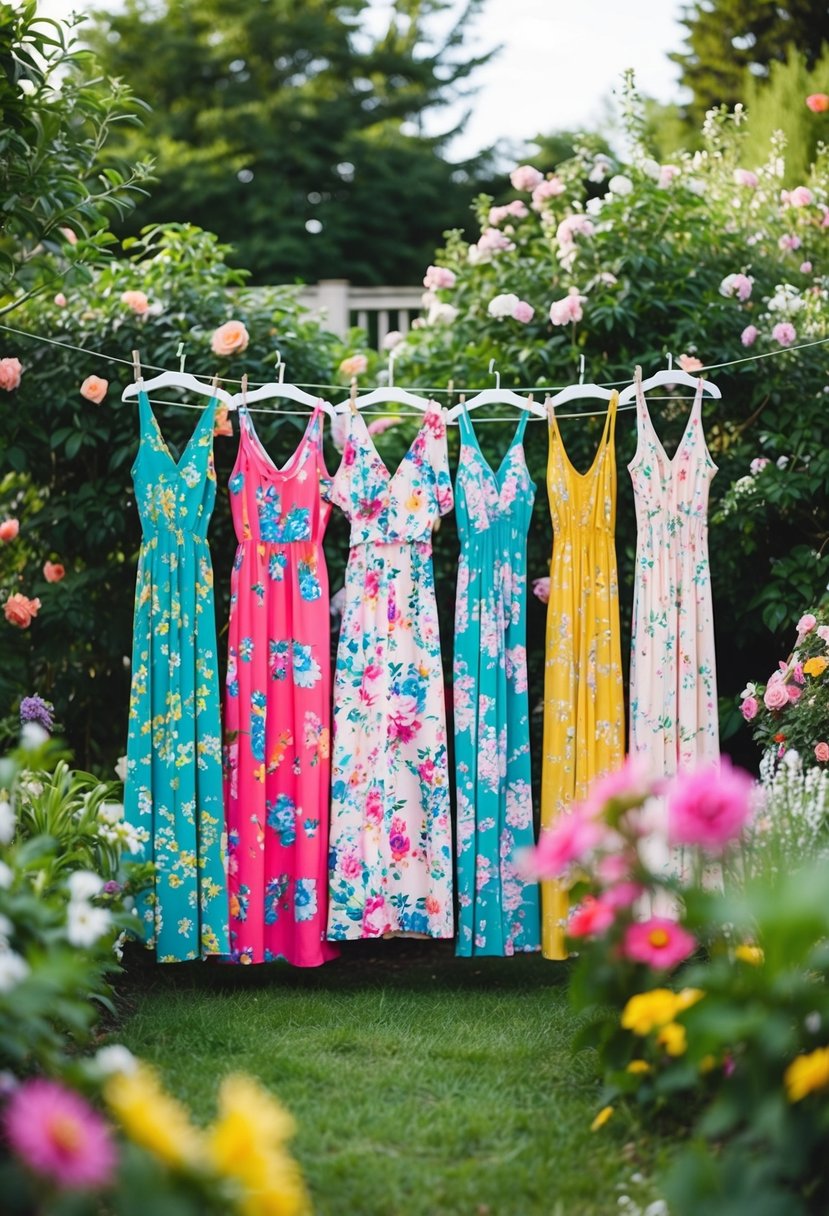 A lush garden setting with a variety of colorful floral maxi dresses hanging on a clothesline, surrounded by blooming flowers and greenery