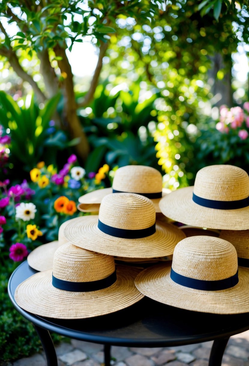 A group of wide-brim straw hats arranged on a table in a lush garden setting, surrounded by colorful flowers and dappled sunlight