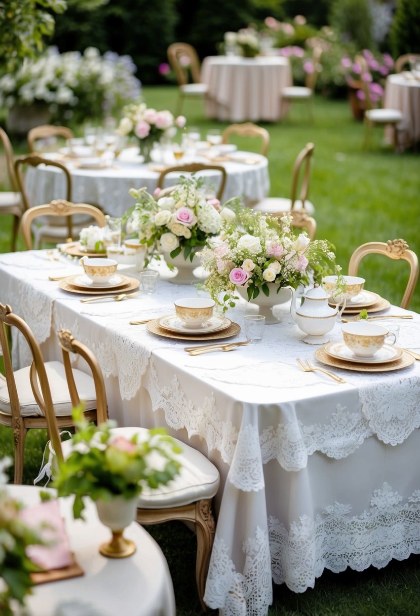 A garden table adorned with vintage lace tablecloths, surrounded by delicate floral arrangements and vintage tea sets, creating a chic and elegant setting for a garden party