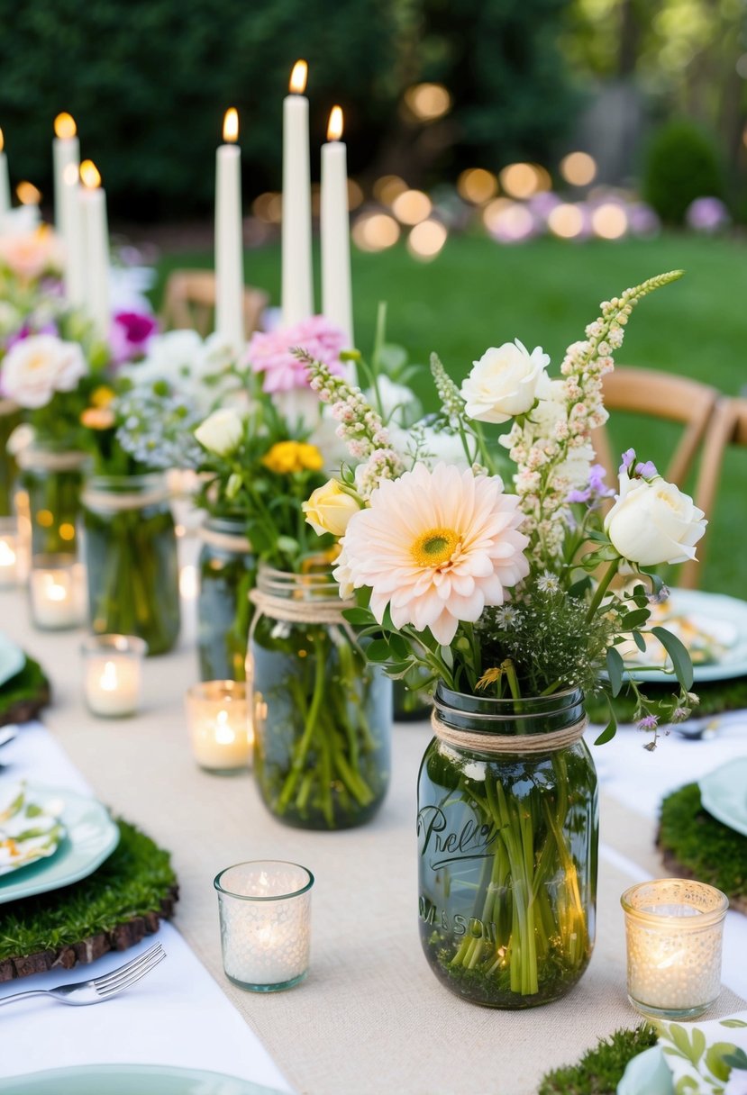A garden party table adorned with mason jar centerpieces filled with fresh flowers and surrounded by delicate candles