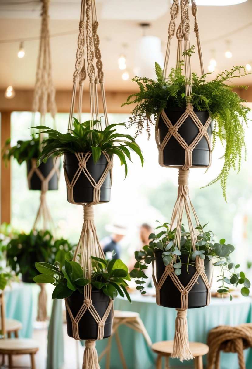 Macrame planters hang from the ceiling, filled with lush greenery, creating a cozy and inviting indoor garden party atmosphere