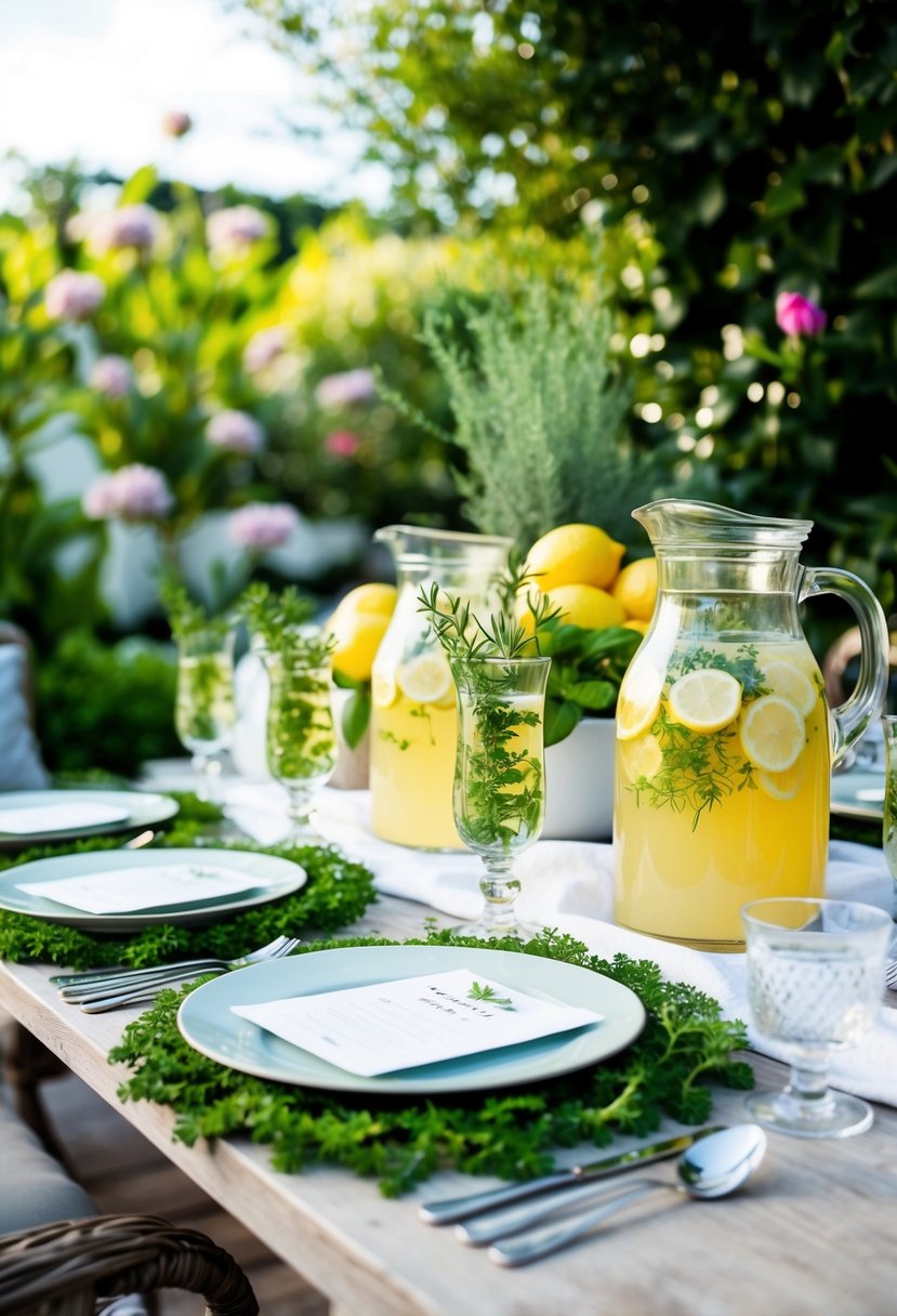 A table set with herb-infused lemonade, surrounded by lush garden greenery and elegant outdoor decor