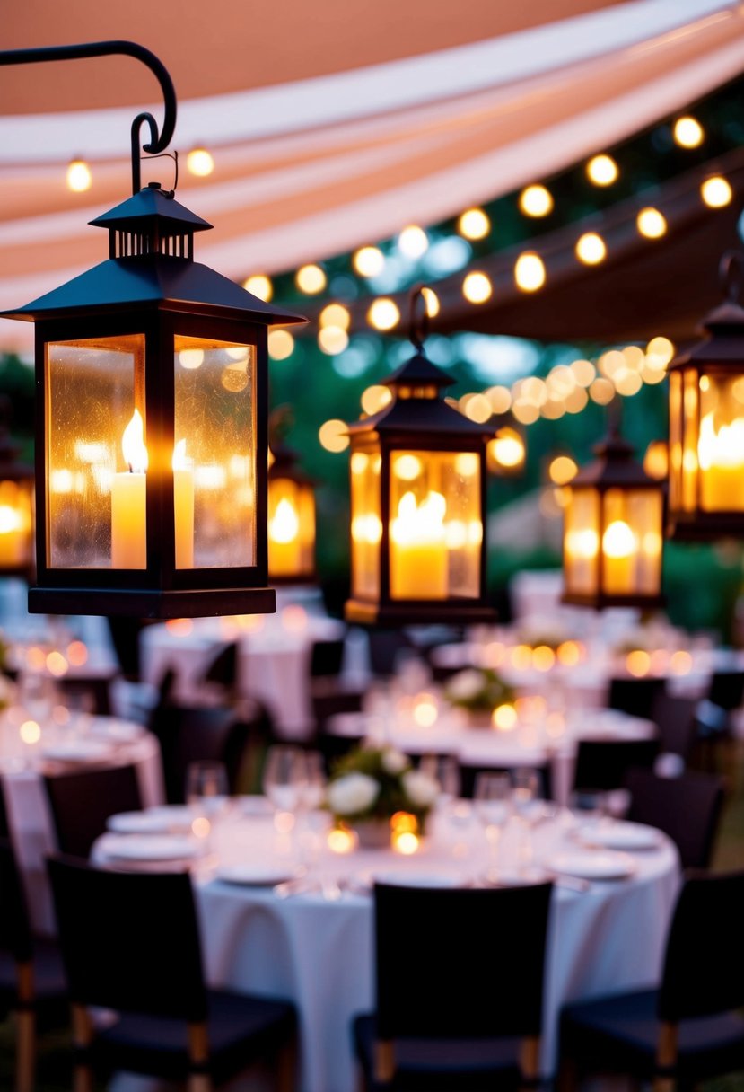 Elegant garden lanterns casting warm light over a chic outdoor party setting