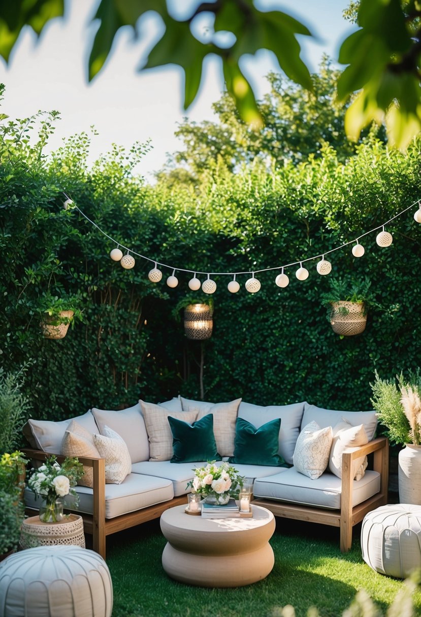 A cozy outdoor seating area with plush cushions, surrounded by lush greenery and stylish decor for a chic garden party ambiance