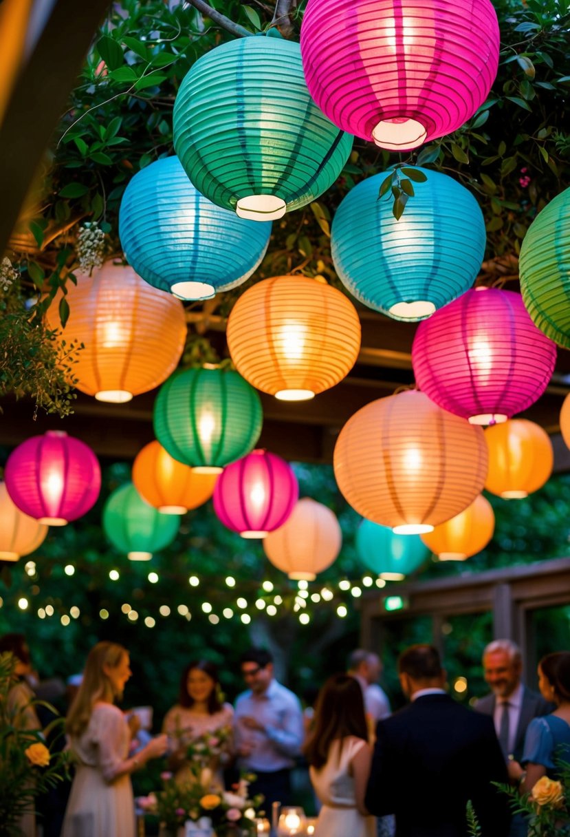 Colorful paper lanterns hang from the ceiling, casting a warm, ambient glow over an indoor garden party. Greenery and flowers create a lush, natural atmosphere