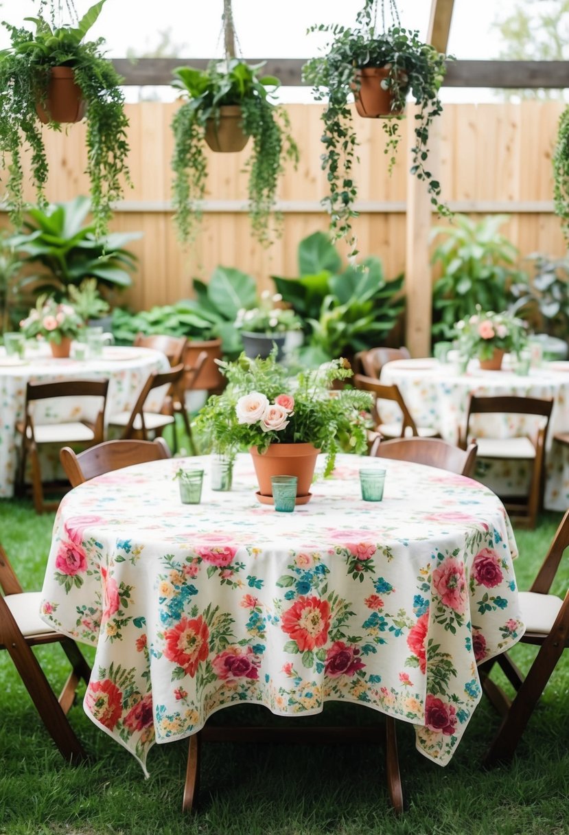A vintage floral tablecloth adorns a table in an indoor garden party, surrounded by potted plants and hanging greenery