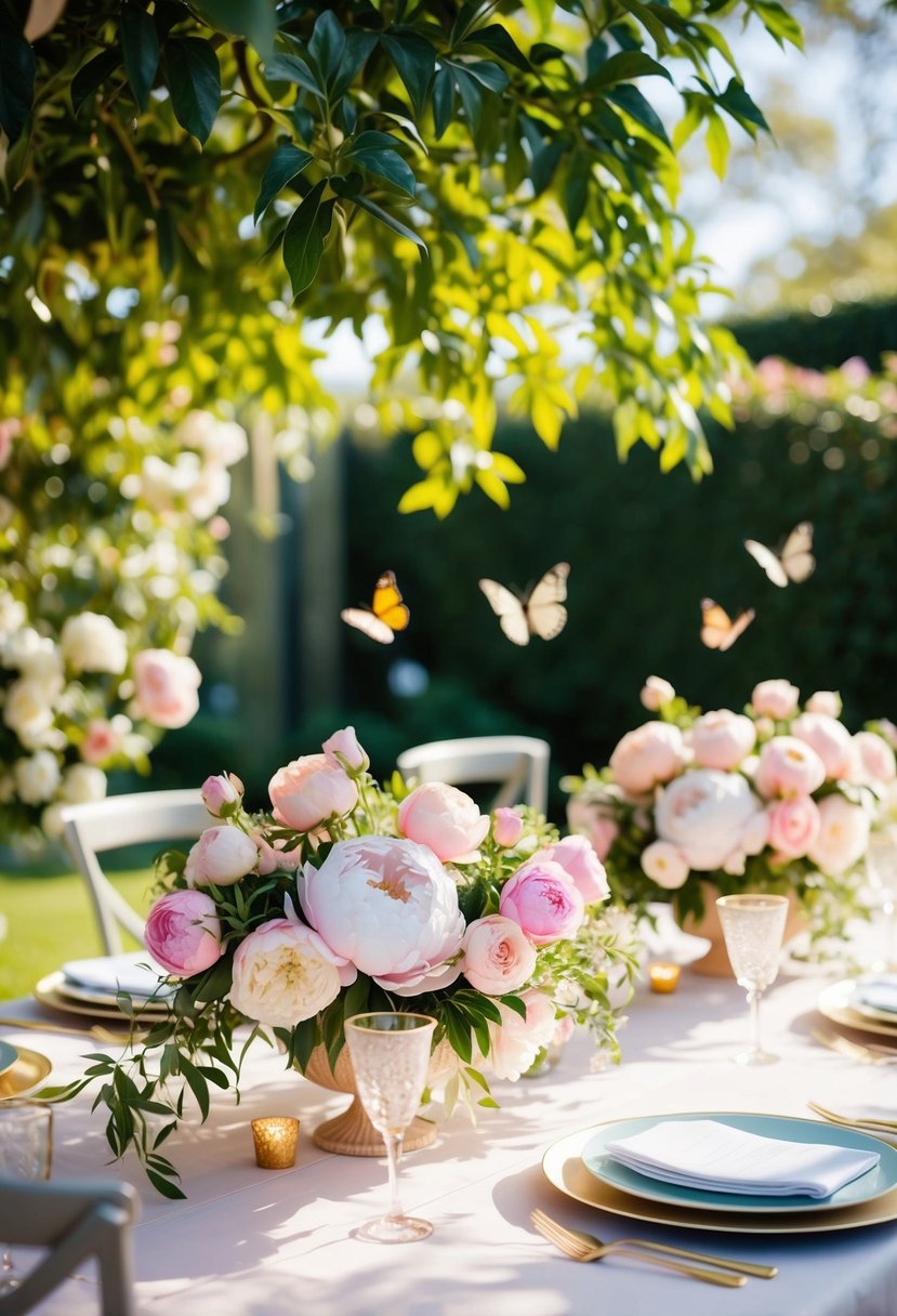 A garden party table adorned with lush peony and rose centerpieces in soft pastel hues, surrounded by dappled sunlight and fluttering butterflies