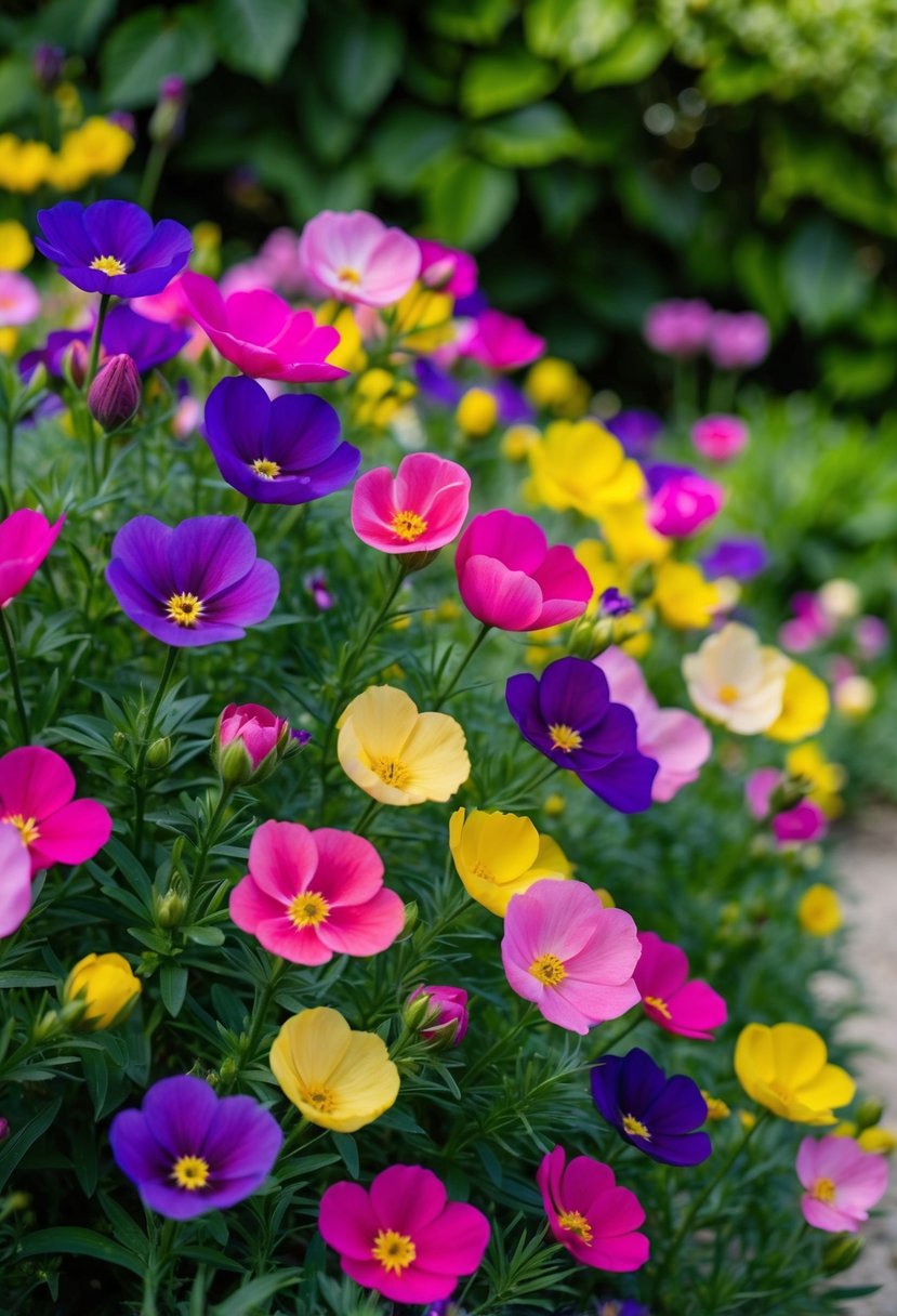 A lush garden of vibrant flowers, with petals in shades of pink, purple, and yellow, set against a backdrop of lush green foliage
