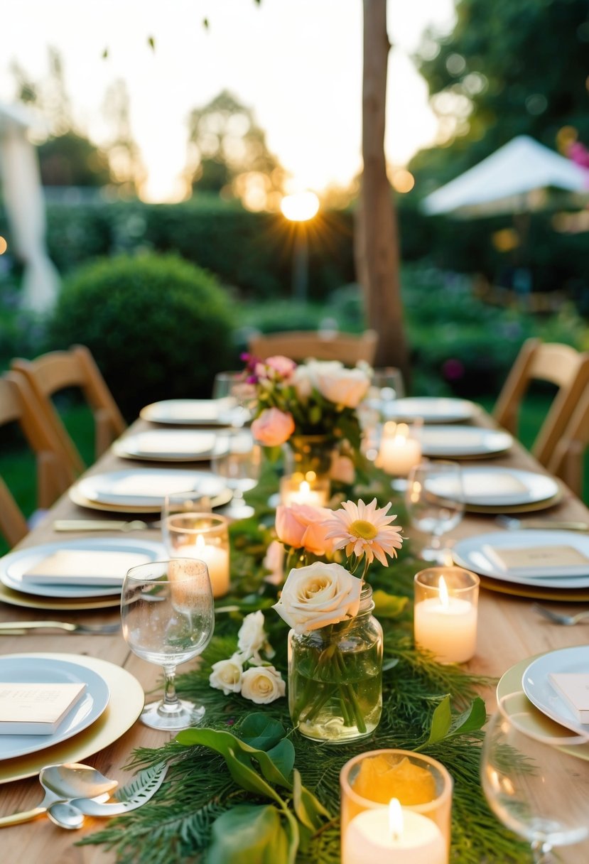 A garden party table with dewy highlighter makeup, fresh flowers, and glowing candles