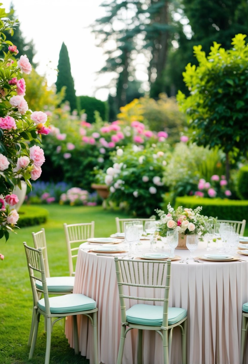 A lush garden with blooming flowers and a table set with delicate pastel pleated skirts for a formal garden party