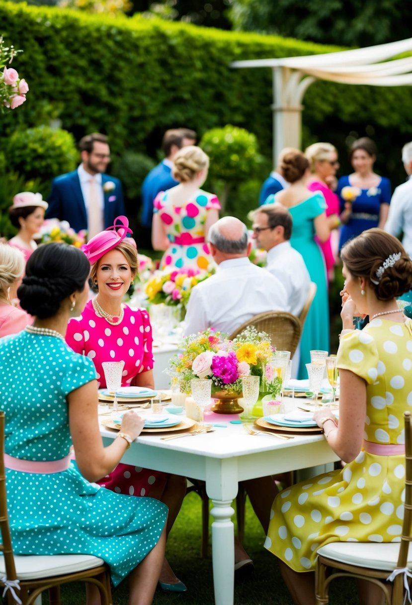 A colorful garden party with tea dresses, polka dots, and elegant accessories. Tables adorned with floral centerpieces and guests mingling in a lush garden setting