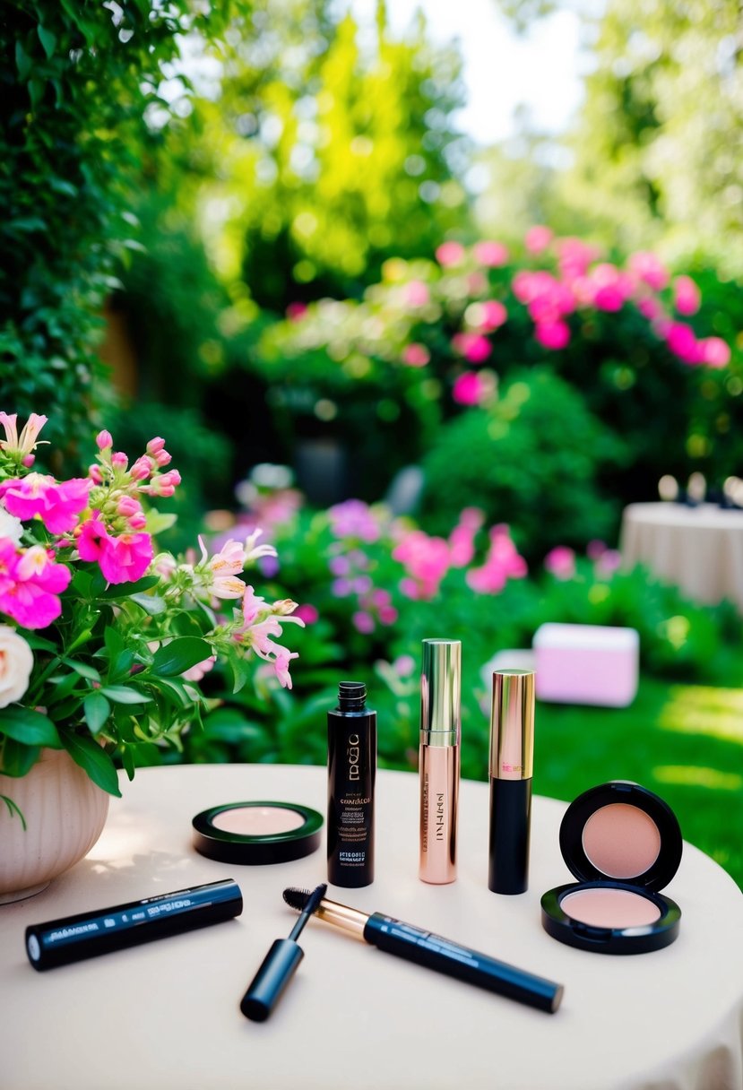 A lush garden with blooming flowers and a table set with makeup products, including waterproof mascara, for a stylish garden party