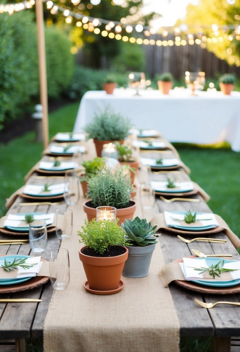 A rustic outdoor table set with burlap runners, adorned with potted plants and string lights for a charming garden party