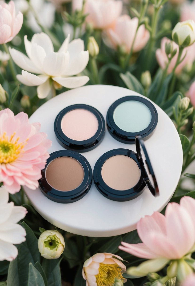 A table with pastel-colored brow powders, surrounded by blooming flowers and greenery