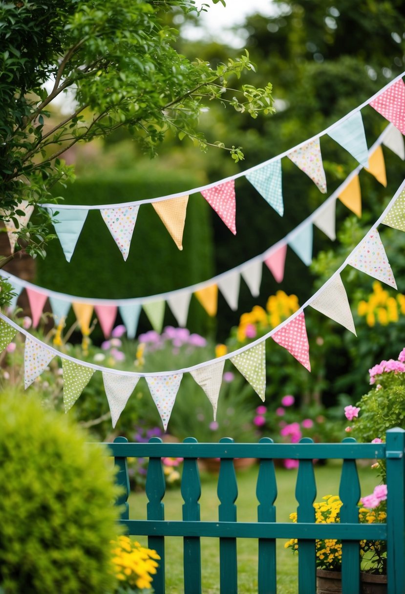 A garden adorned with colorful fabric bunting hanging from trees and fences, adding a festive and cheerful atmosphere