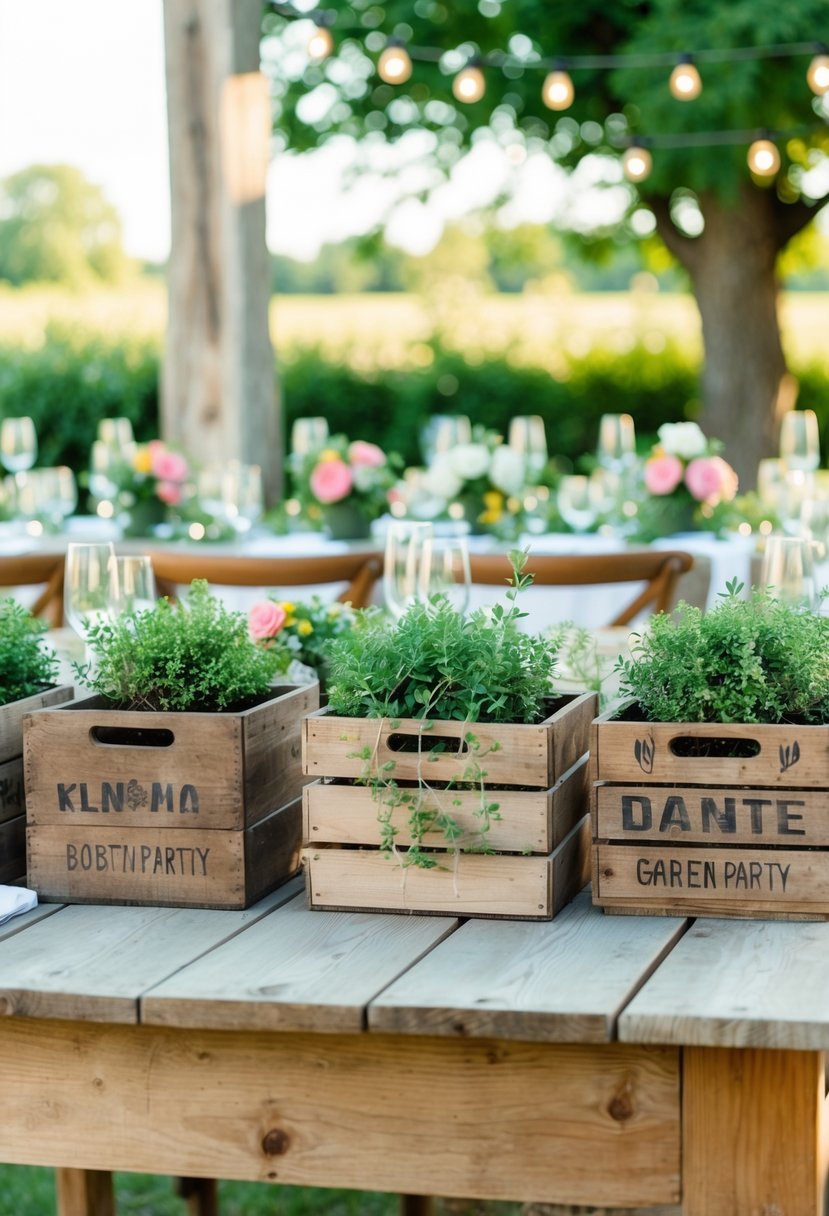 A rustic garden party setting with vintage wooden crates used as planters and decor