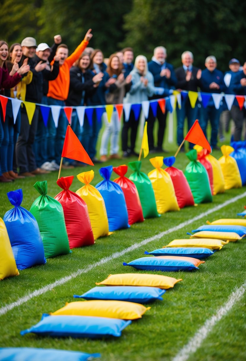A group of colorful sacks lined up on a grassy field, with a start and finish line marked with bright flags. Excited spectators cheer on the competitors