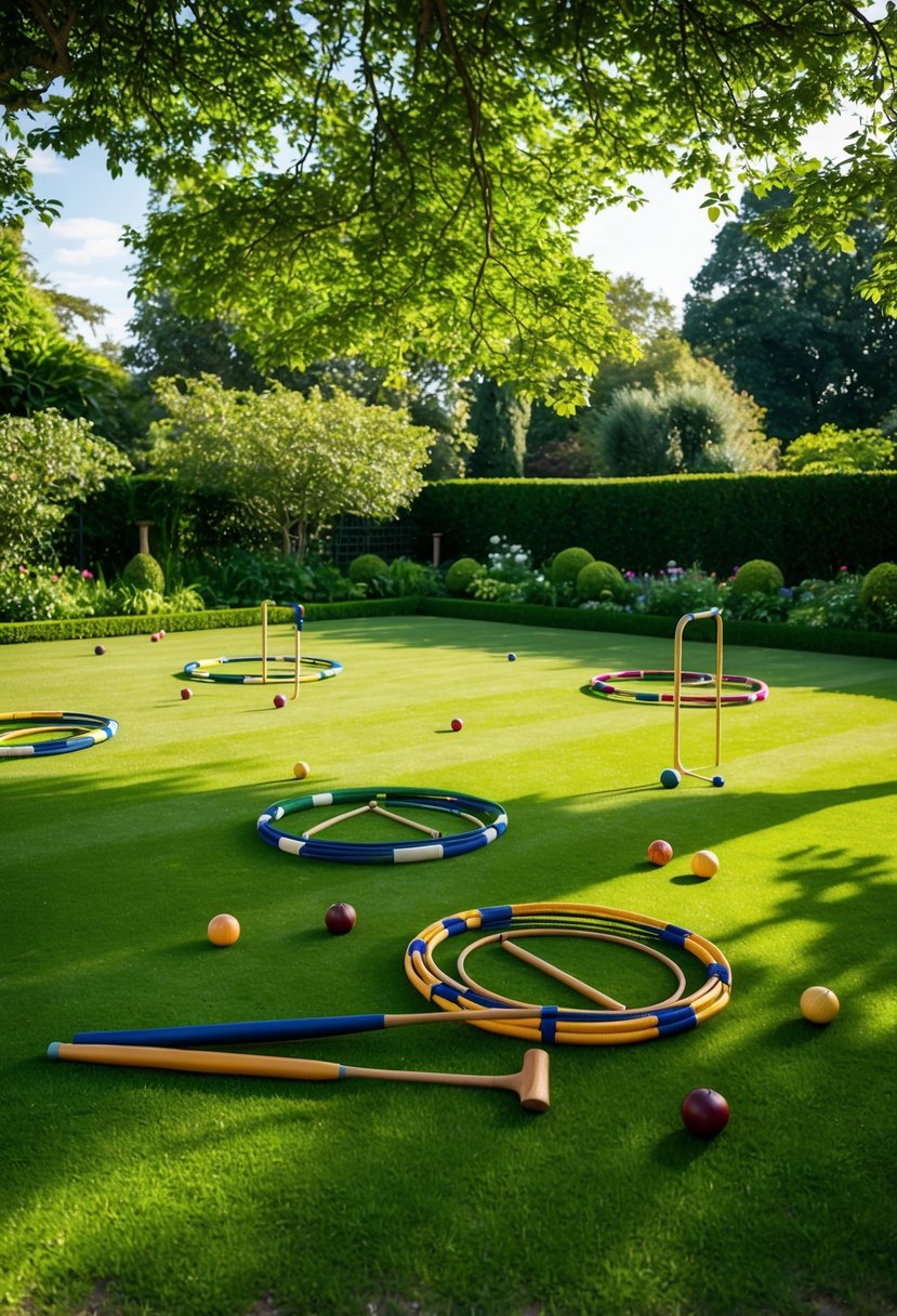 A lush garden with neatly trimmed lawns, colorful croquet hoops, and a scattering of wicker mallets. Sunlight filters through the trees, casting dappled shadows on the scene
