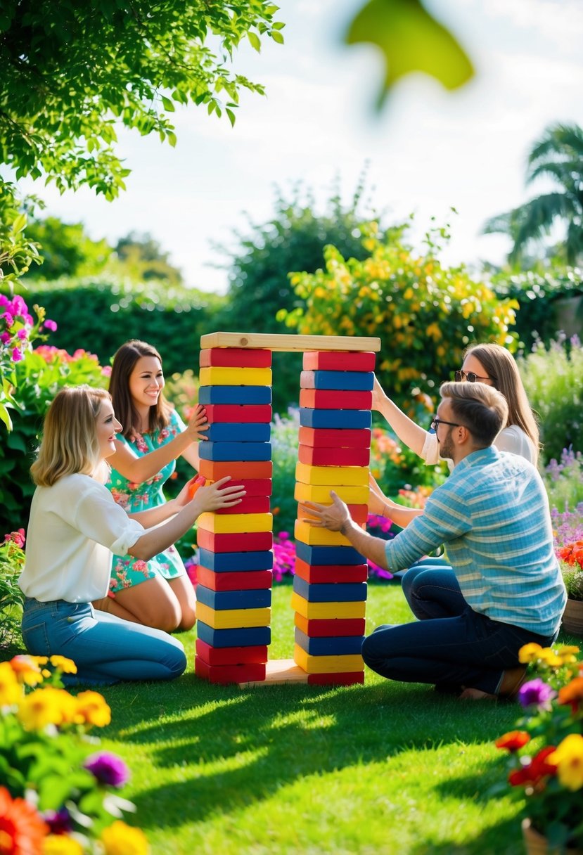 A group of friends play a giant Jenga game in a lush garden setting, surrounded by colorful flowers and greenery