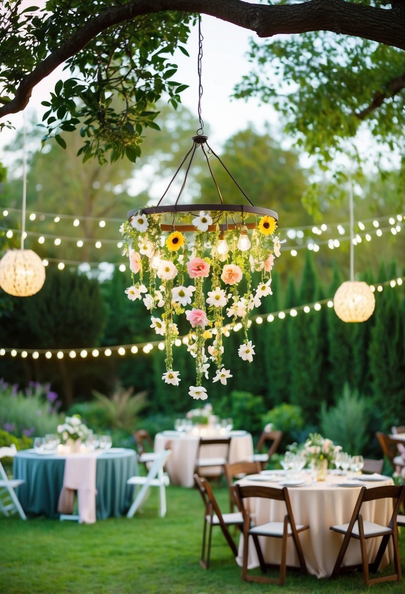 A garden party scene with a DIY hanging flower chandelier suspended from a tree, surrounded by greenery and twinkling fairy lights
