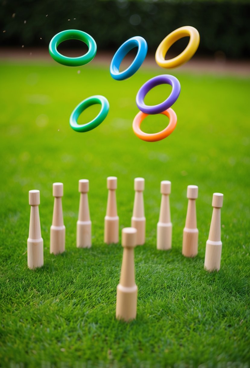 Colorful rings flying through the air towards a set of tall, wooden pegs arranged in a circle on a lush green lawn