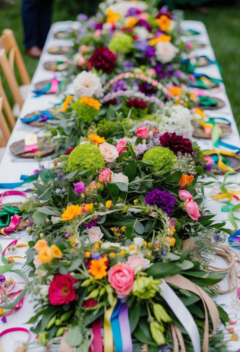 A colorful array of fresh flowers and greenery arranged on a table, surrounded by ribbons, beads, and other decorative elements, ready for guests to create their own flower crowns at a garden party quinceañera celebration