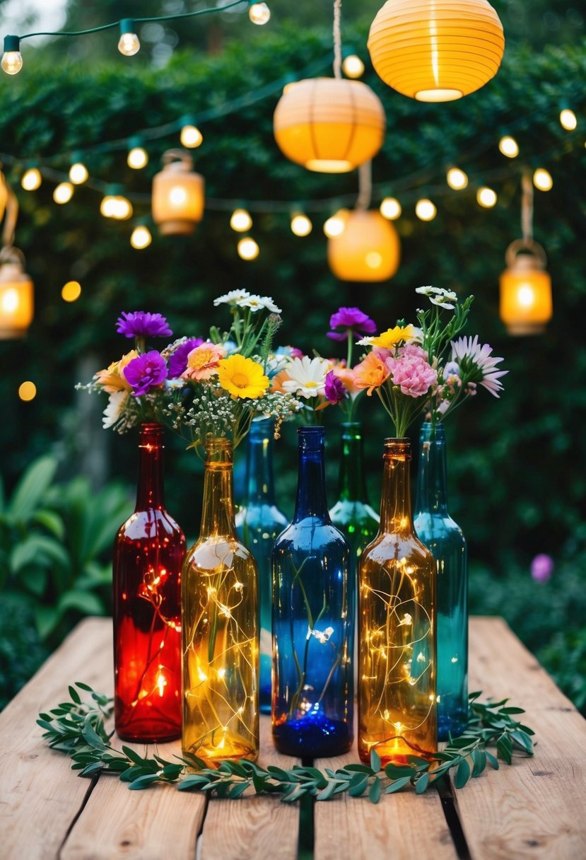 Colorful glass bottles arranged on a wooden table, filled with flowers and fairy lights, surrounded by greenery and hanging lanterns