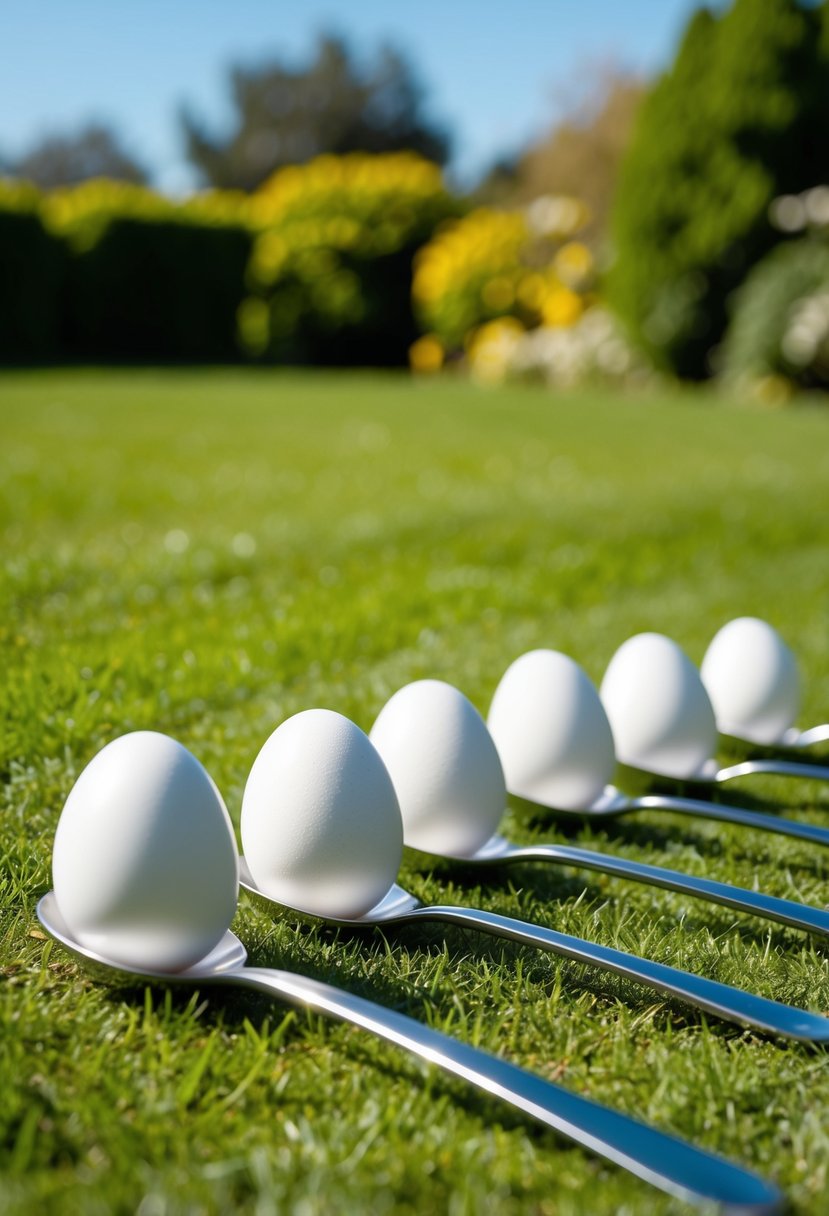 A sunny garden with a row of white eggs on silver spoons, set up for a classic egg and spoon race
