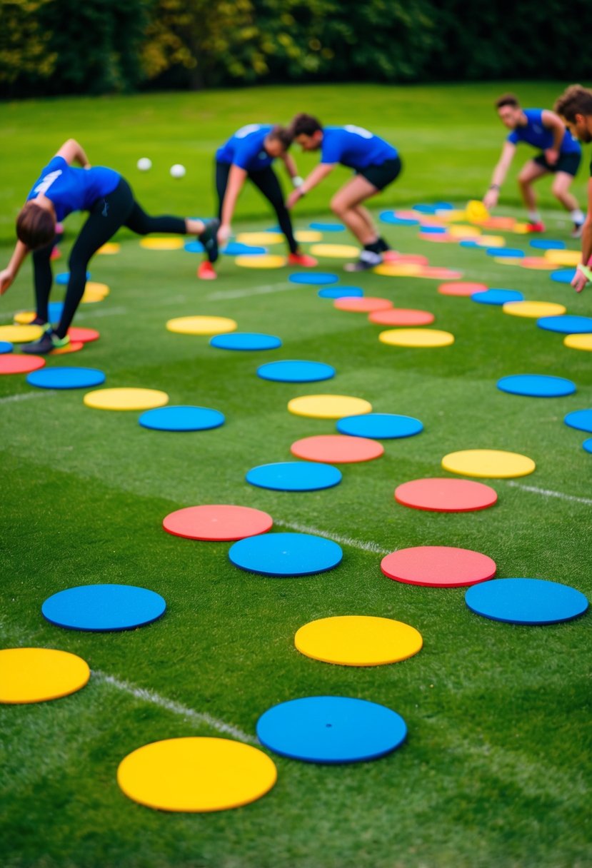 A group of colorful circles arranged in a grid on a lush green lawn, with players twisting and contorting to reach the designated spots