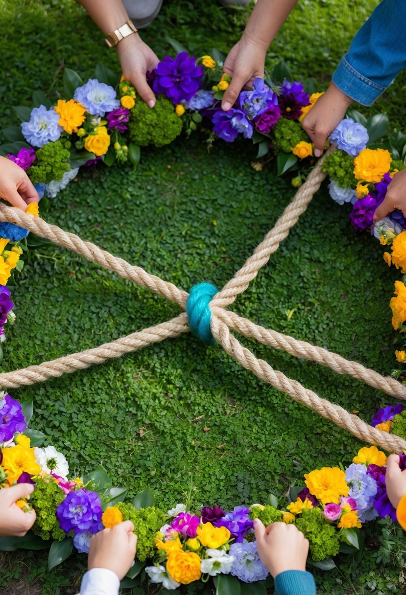 A group of colorful, blooming flowers and greenery arranged in a circle, with a taut rope stretched across the center, ready for a lively game of Tug of War