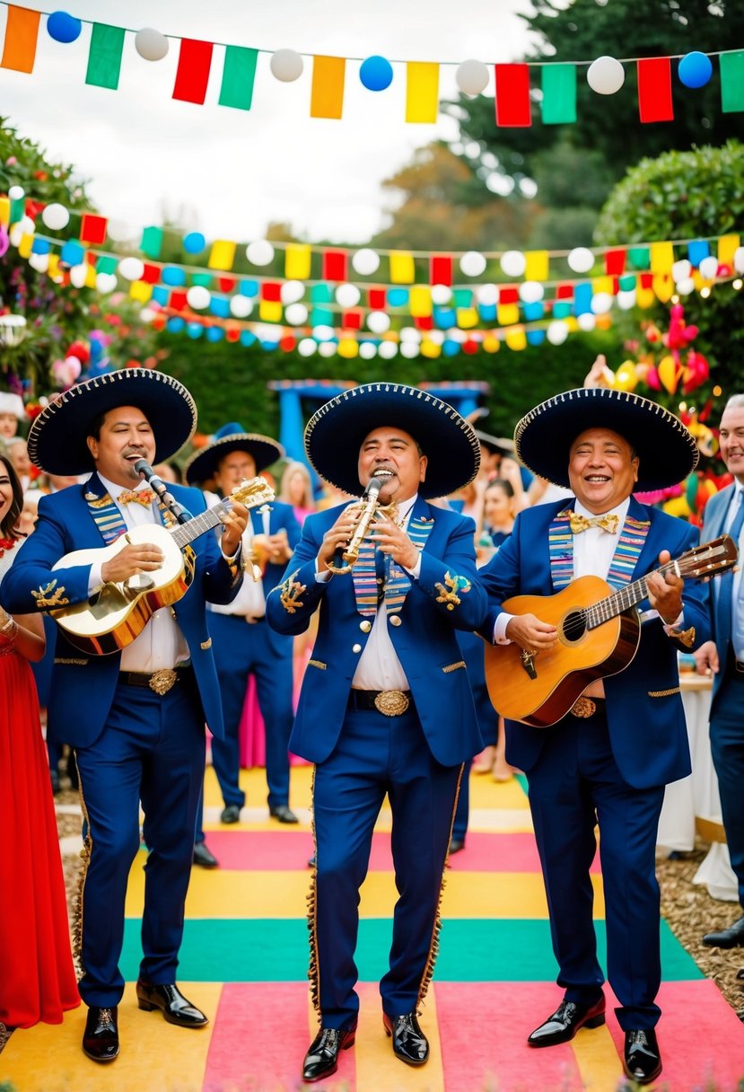 A lively mariachi band performs in a colorful garden, surrounded by festive decorations and happy guests