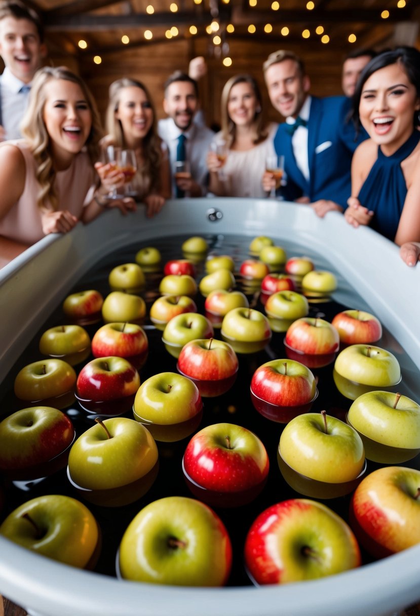 A group of apples floating in a large tub of water, surrounded by excited party guests
