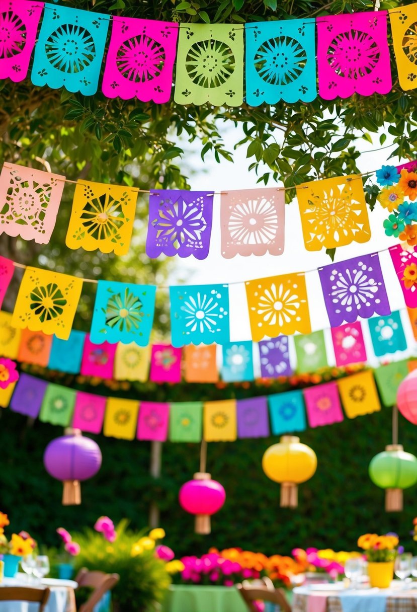 Colorful papel picado banners hang above a festive garden party, with vibrant flowers, hanging lanterns, and cheerful decorations