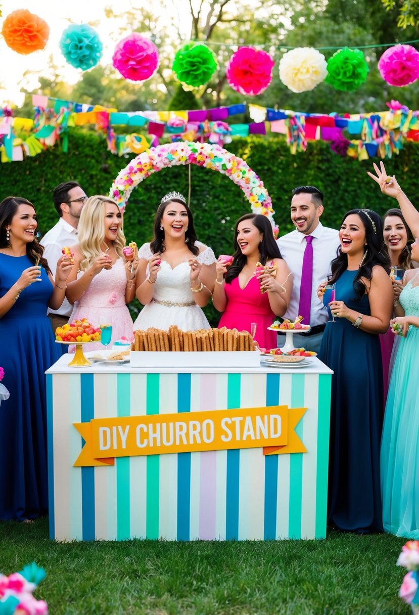 A festive garden party with a DIY churro stand as the centerpiece, surrounded by colorful decorations and happy guests celebrating a quinceañera