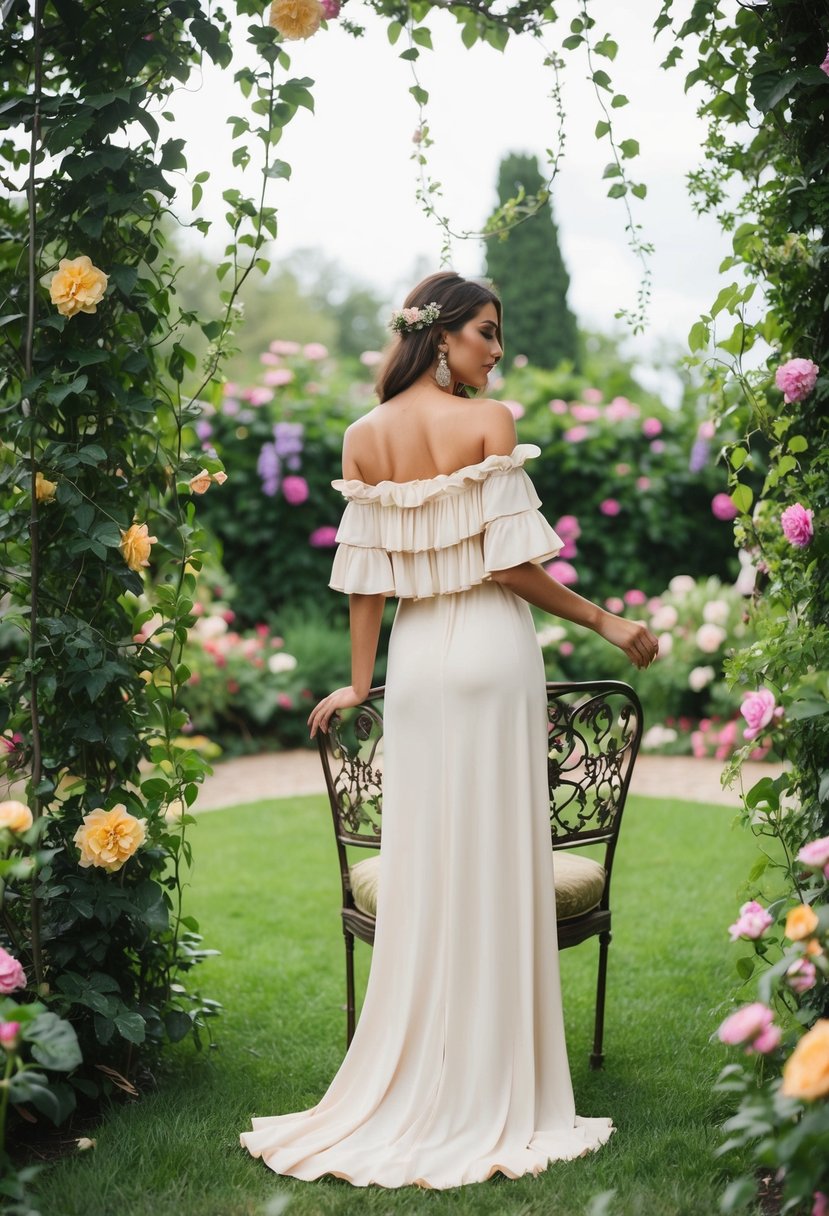 A lush garden setting with blooming flowers and cascading vines, featuring a bohemian off-shoulder gown with ruffles draped over a vintage wrought iron chair
