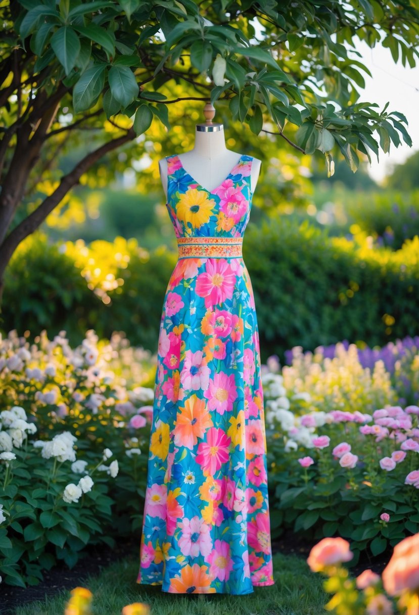 A colorful floral maxi dress surrounded by blooming flowers in a lush garden setting, with soft evening sunlight filtering through the leaves