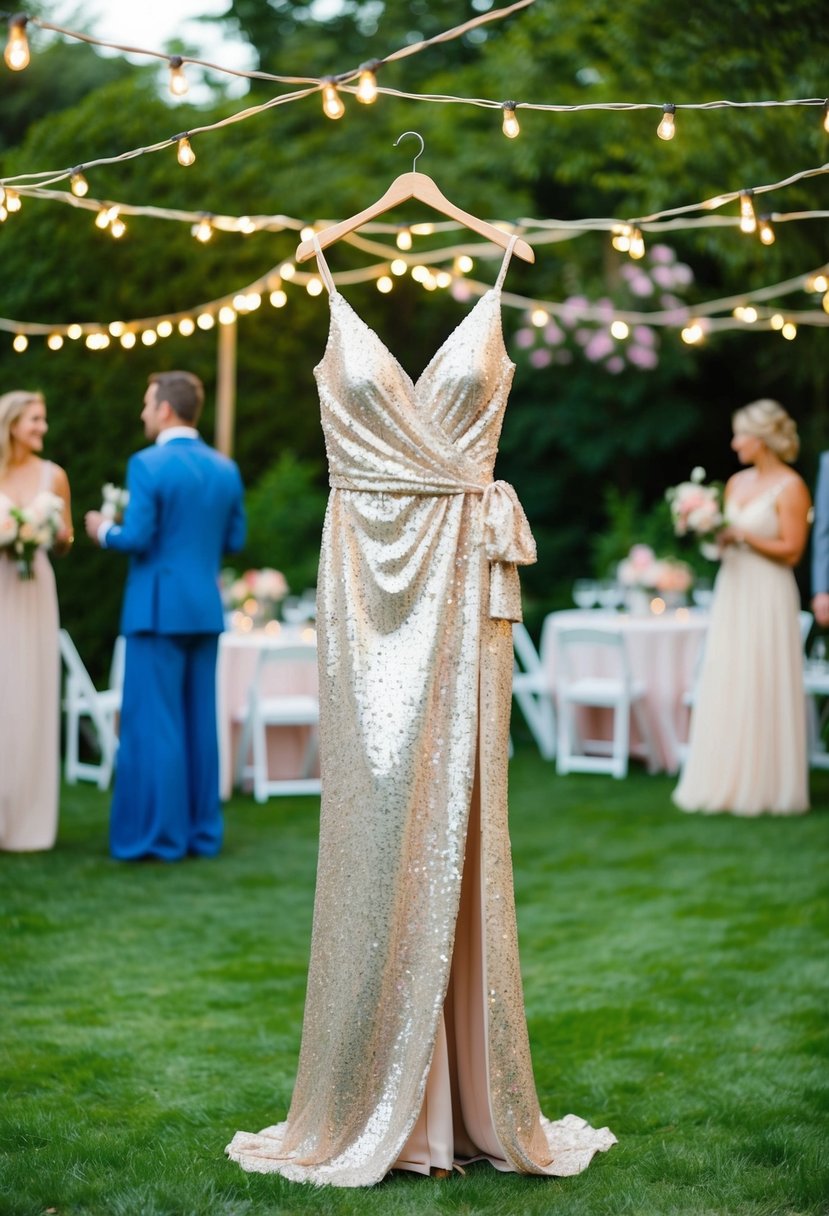 A garden party scene with a sparkling sequin wrap gown under twinkling string lights and blooming flowers