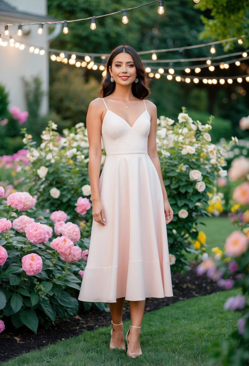 A woman in a pastel midi dress stands in a lush garden, surrounded by blooming flowers and twinkling string lights