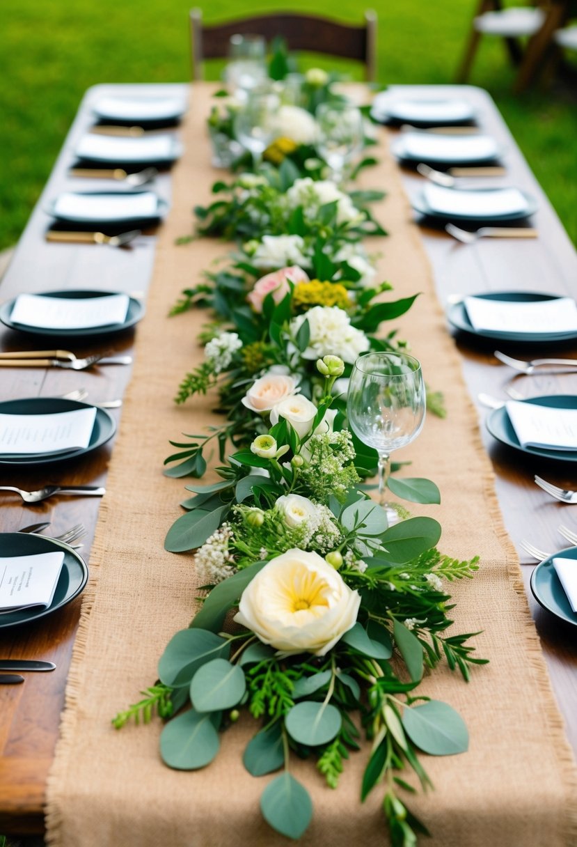 A burlap table runner adorned with fresh flowers and greenery, set on a wooden table in a garden party setting