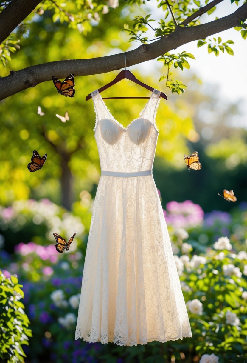 A lace tea-length dress hangs from a tree branch in a blooming garden, surrounded by fluttering butterflies and dappled sunlight